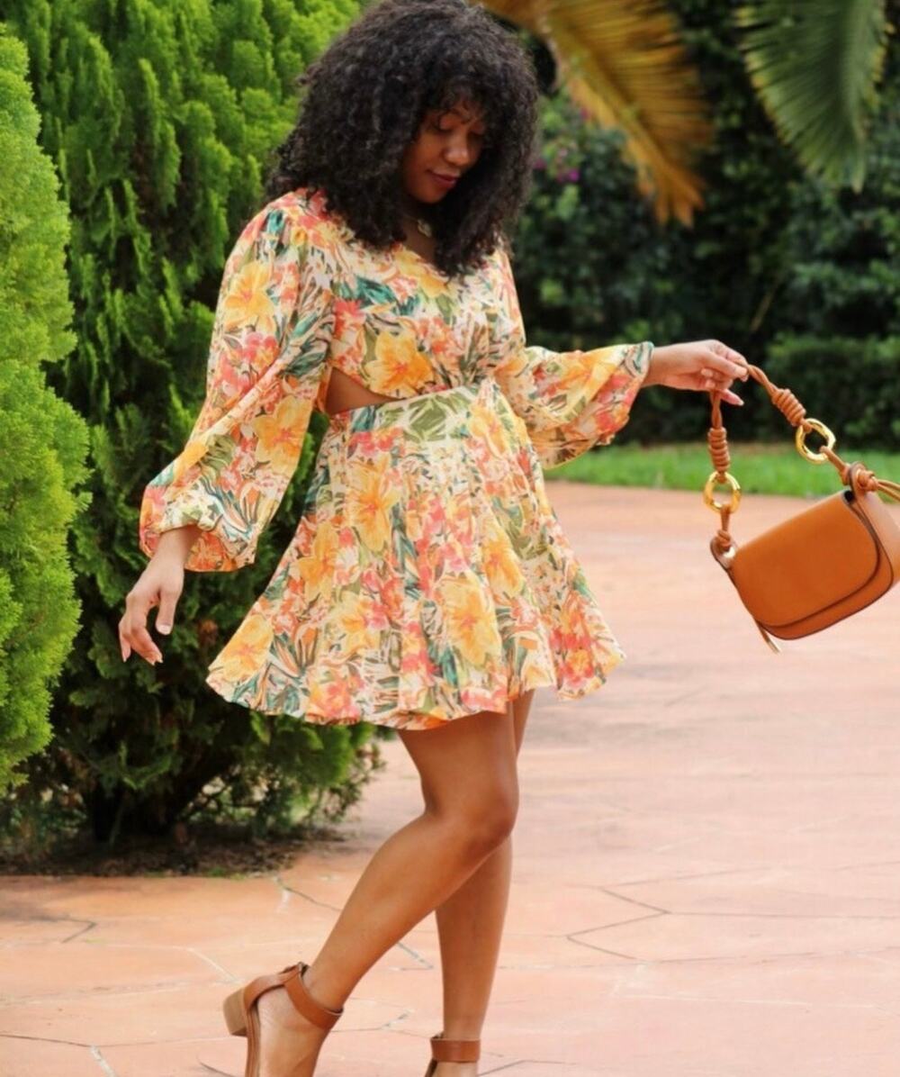 PINK LILY Tropical Floral Cut Out Long Sleeve Mini Dress Medium M